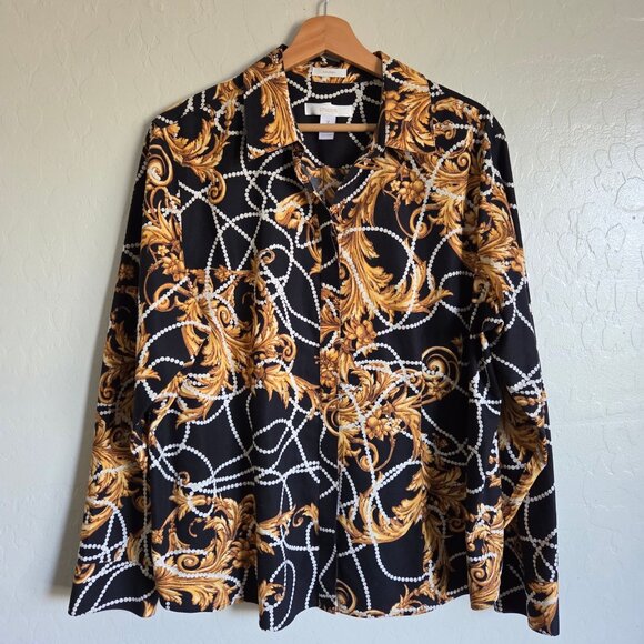 Chico's No Iron Printed Button Up Top Black/Gold Size XL 100% Cotton Long Sleeve - Picture 1 of 9